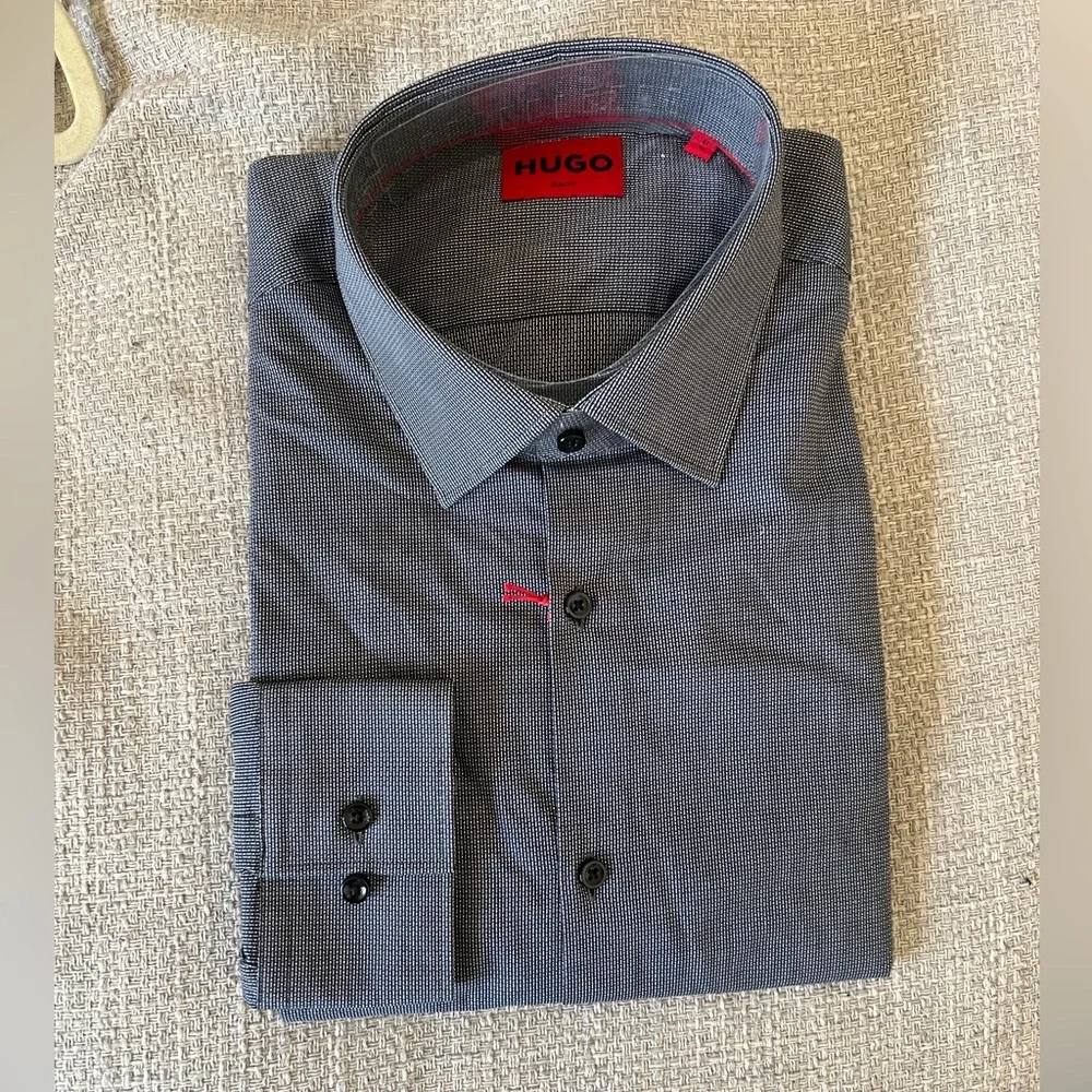 Hugo Boss Black-Grey Micro Check Dress Shirt with Red Accent - Picture 2 of 3
